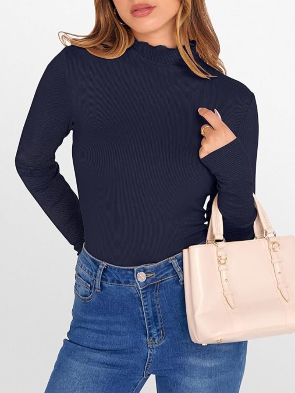 Navy Blue Lettuce Trim Mock Neck Long Sleeve Shirt